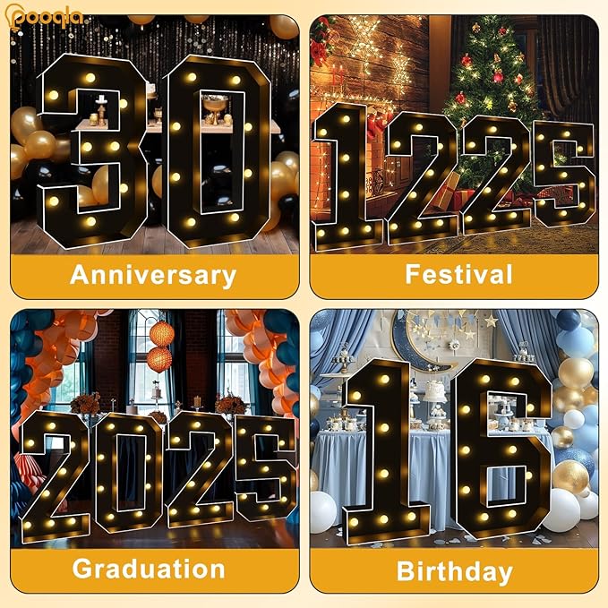 Pooqla 3FT Marquee Light Up Numbers, Black Lighted Party Decor for her him Women Men, Giant Mosaic Light Up Numbers for 8th 18th 80th Birthday Anniversary Decoration, Number 8