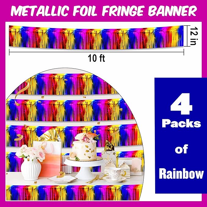 4 Pack 10 Ft Rainbow Foil Fringe Garland Metallic Streamers Tinsel Banner Wall Hanging Garland Backdrop for Parade Floats, Halloween, Christmas, Thanksgiving, New Year Party Decorations