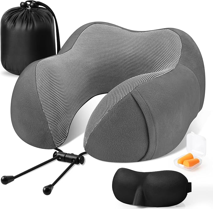 CloudBliss Travel Pillow Premium Memory Foam, Comfortable & Supportive Neck Pillow, Sleeping Neck Pillows for Travel, Airplane Pillow for Sleeping Airplane, Car, Office and Home（Dark Grey）