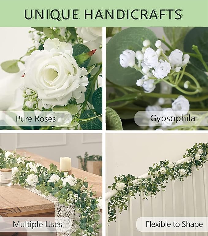 Anna's Whimsy 5.91FT Artificial Eucalyptus Garland with Flowers, Fake Flower Rose Gypsophila, Faux Floral Greenery Garland for Wedding Spring Home Party Craft Art Table Runner Decor