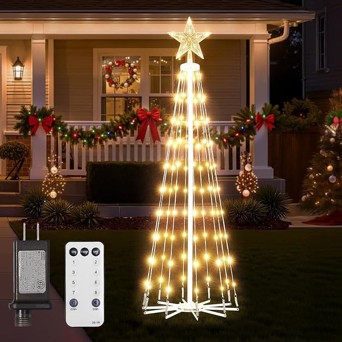 LED Christmas Cone Tree Light with Remote, 4 Feet 110 LED Outdoor Lightshow Christmas Tree with Star Topper, Dimmable Artificial Christmas Tree for Porch Yard Patio Indoor Decorations, Warm White