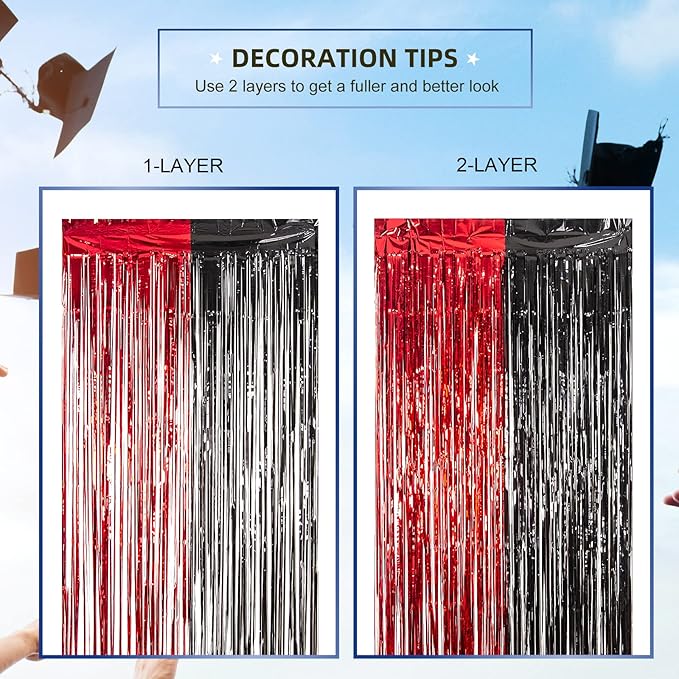 LOLStar Graduation Party Decoration, 2 Pack Red and Black 3.3x6.6 ft Foil Fringe Curtains, Tinsel Backdrop, Graduation Photo Booth Prop Streamer Backdrop for Class of 2026, Prom and Grad Party Decor
