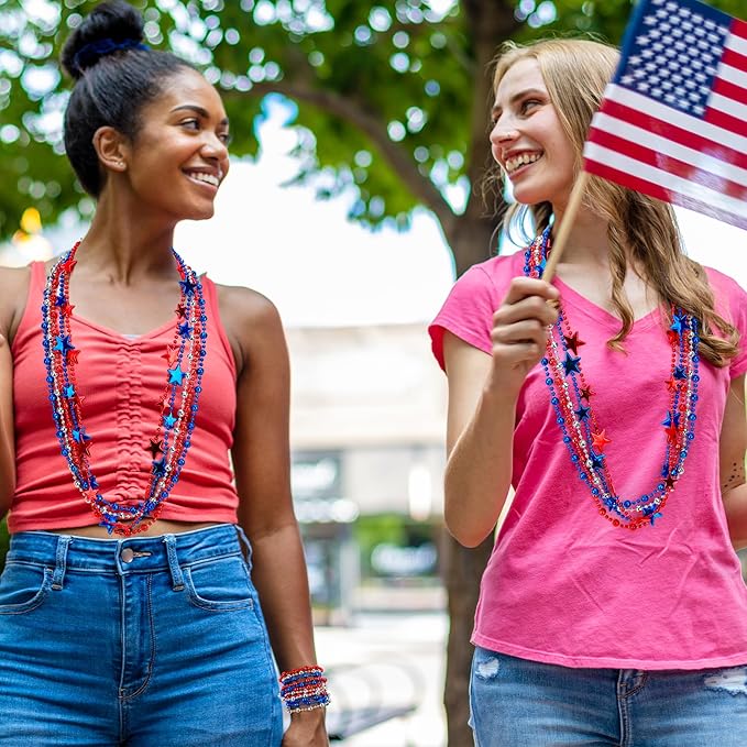 4th of July Accessories, 24PCS Fourth of July Patriotic Beads Necklaces Bulk, Independence Day Red Blue White Stars Round Beads, Patriotic Necklace for Parade Party Favors Decorations