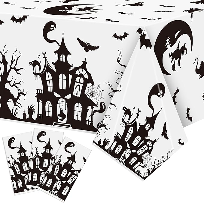 Halloween Haunted House Tablecover - 3 Pack 86 * 51inch Disposable Waterproof Rectangle Plastic Covers, Creepy Gothic Print for Halloween Parties, Kids’ Birthdays, Picnics & Camping Decor