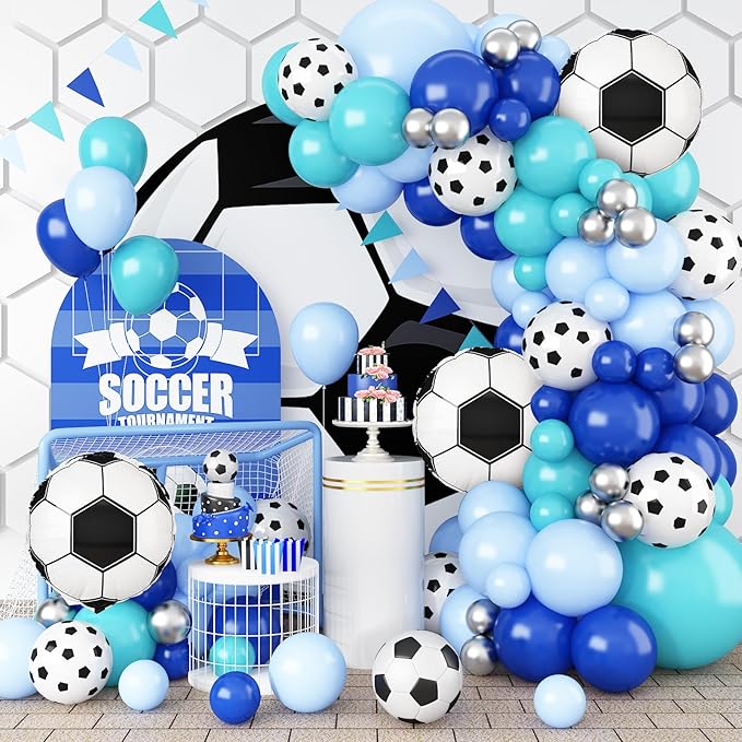 Soccer Balloon Arch Garland Kit, Royal Blue White Teal Blue Balloons Decorations with Soccer Foil Balloons for Men Women Teen Kids Soccer Football Theme Birthday Party Decor Supplies