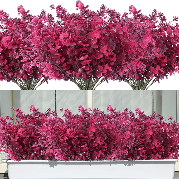 RECUTMS 12Pcs Artificial Fall Mums Flowers Plants Outdoors, Faux Plastic Shrubs Fake Greenery UV Resistant for Garden Patio Decor Window Box Office Hanging Planter Pathway Front Porch(Wine Red)