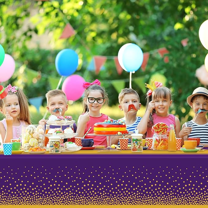12 Pack Purple and Gold Tablecloth Party Decorations Plastic Purple Tablecloth Printed Gold Table Runner 54 x108 Inch Disposable Rectangle Table Cover for Birthday Wedding Graduation