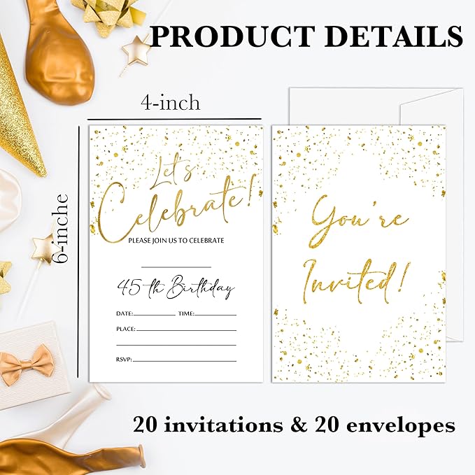45th Birthday Invitations Cards, 4"x 6" White and Gold Confetti Birthday Party Invites with Envelopes for Party Decorations Supplies(20 Pieces) -D12