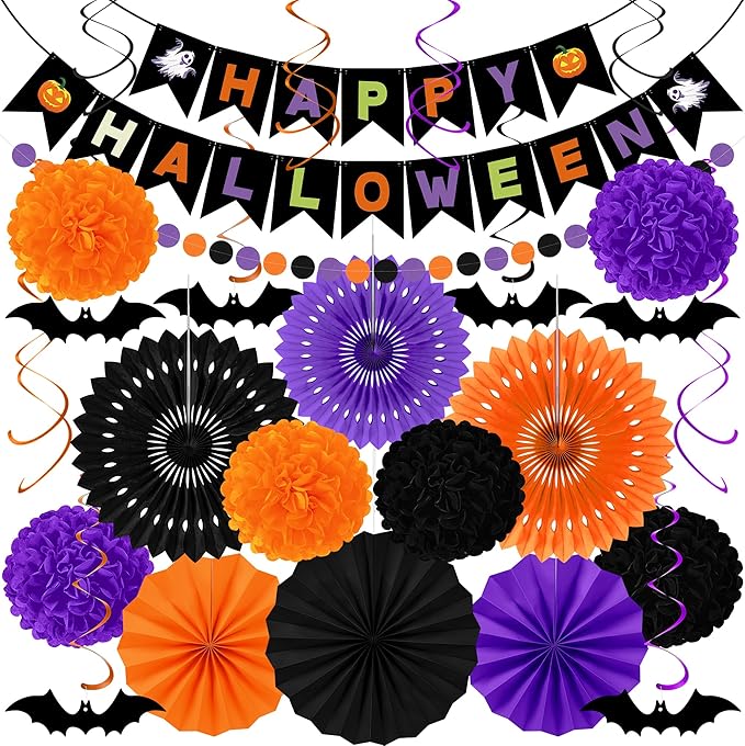 26PCS Halloween Party Decorations, Purple Black Orange Paper Fans Set, Halloween Pompom Banner Garland Fans Hanging Swirls for Trick or Treat Party Decor Accessories Indoor Outdoor Home Decorations