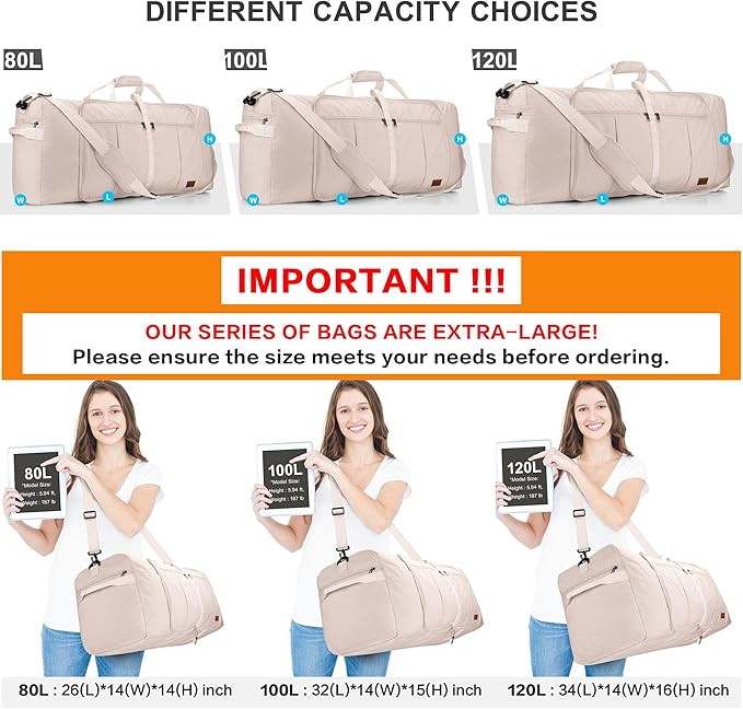 80L Large Duffle Bag for Travel, 26' Travel Duffel with Shoe Compartment, Foldable Collapsible Overnight Gym Weekender Bag for Men Women, Waterproof & Tear Resistant (Beige, 80L)