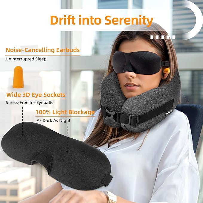 Neck Pillow Airplane Travel Set - Pure Memory Foam Travel Neck Pillow, Plane Pillow for Long Flights Essentials, Sleeping with 3D Contoured Eye Mask, Earplugs, Portable Bag (Darkgray-M)