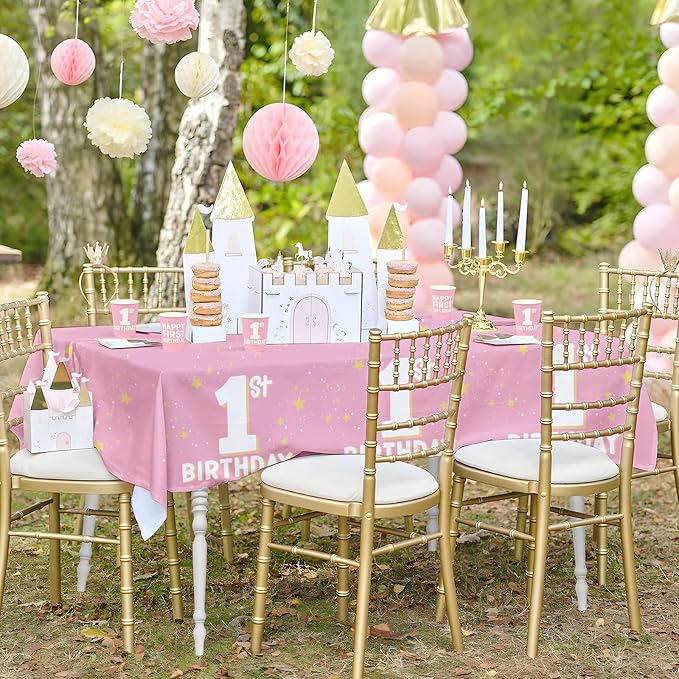 Gatherfun Baby Girl Party Supplies Set: 1st Birthday Decorations, Includes 2-Pack Baby Girl-Themed Tablecloths for First Birthday Decorations, Disposable Table Covers 54 x 108 Inch