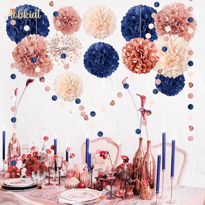 AOBKIAT Rose Gold and Navy Blue Party Decorations Set,Tissue Paper Pom Poms,Paper Garland for Women Engagement Anniversary,30th,40th,50th,60th,Birthday Party Supplies