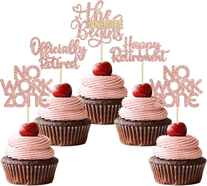 24Pcs Happy Retirement Cupcake Toppers Officially Retired Cake Toppers No Work Zone Adventure Begins Cupcake Picks Retirement Theme Farewell Birthday Party Decorations Supplies Rose Gold