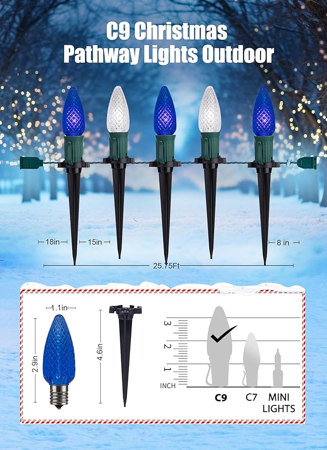 C9 LED Christmas Lights Outdoor with stakes, 25.7ft 20 LED Strawberry String Lights, Connectable Shatterproof Pathway Lights Marker for Path, Lane, Patio, Xmas Holiday Decorations, Blue and White