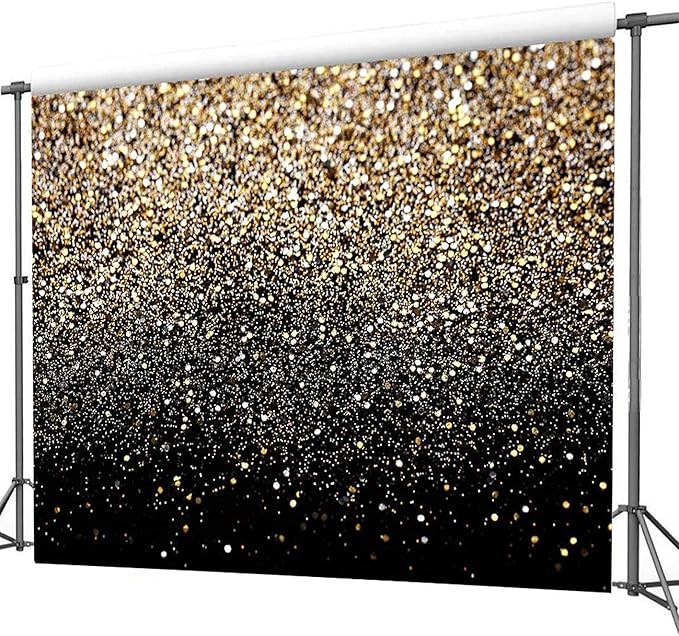 CYLYH 8x8ft Black & Gold Glitter Backdrop - Wedding, Graduation, Birthday - Vinyl Material