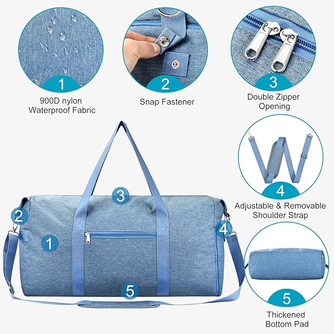 Carry on luaggage 22x14x9 Airlines Approved, Foldable Travel Duffel Bags Weekender Overnight Carry on Duffel Luggage Gym Duffle Bag with Wet Pocket & Shoe Compartment for Women Men(Blue, 40L)