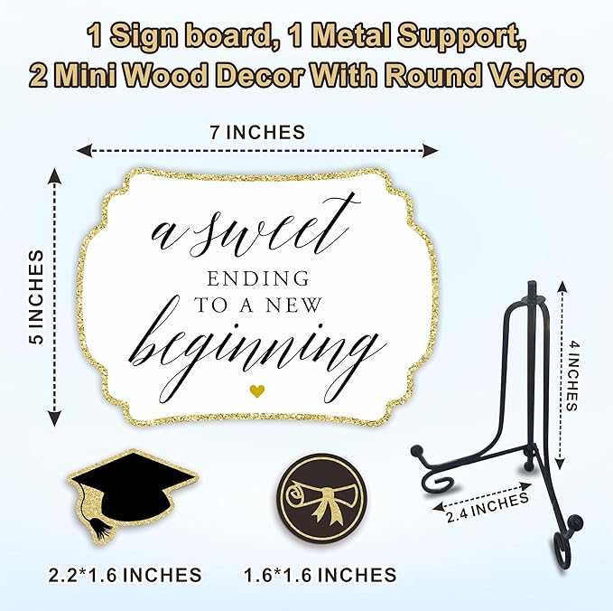 5"X7" Graduation Wooden Buffet Sign - A Sweet Ending To A New Beginning - Candy Sign With 1 Metal Support，2 DIY Wood Decor With Velcro, Grad Party Decor & Supplies(Gold) - B02
