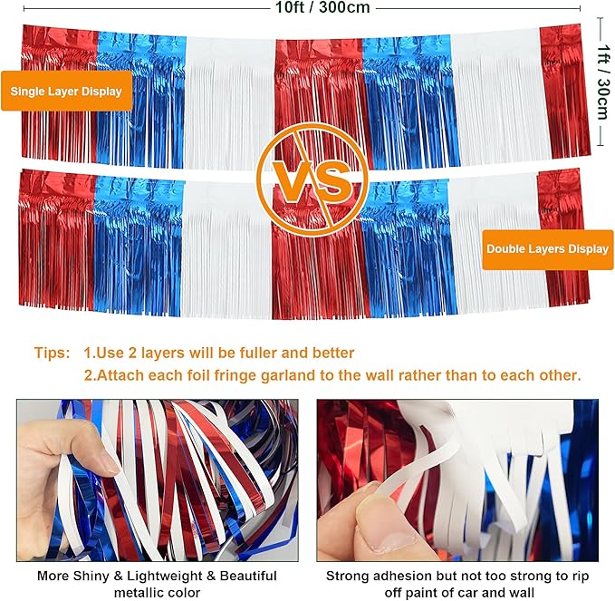 4 Pack 10 Feet Foil Fringe Garland Metallic Tinsel Streamers Banner Wall Hanging Fringe Backdrop Banner for Parade Floats Wedding Birthday Party Decoration (Royal Blue Red White)