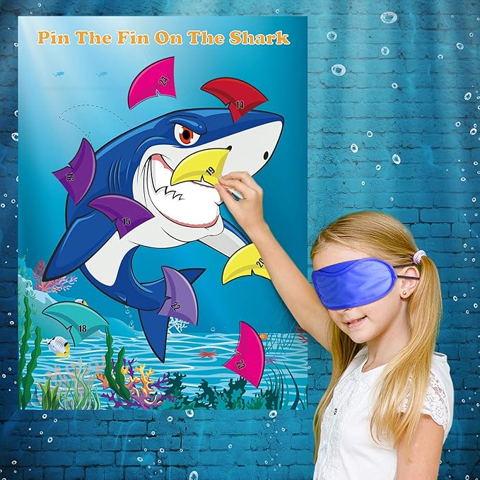FEPITO Pin The Fin on The Shark Game with 24 Pcs Fins for Shark Birthday Party Decoration, Party Supplies