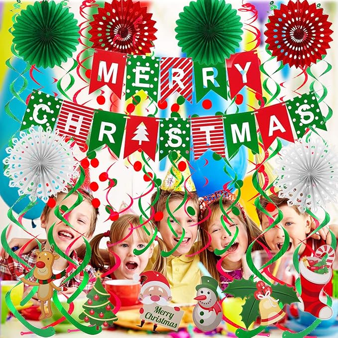 FECEDY Merry Christmas Banner Paper Fan Flower Circle Confetti Dots Hanging Garlandand Swirl Streamers Christmas Tree Christmas Snowman God Tang for Christmas Party Decoration