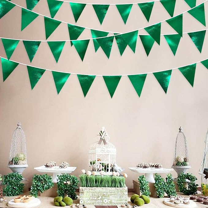 Green Party Decorations Triangle Pennant Banner Flag Dark Green Metallic Fabric Bunting Garland for Graduation Wedding Bridal Shower Birthday Baby Shower Holiday Retirement Game Party Supplies