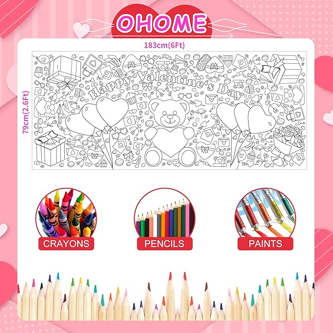 Valentines Giant Coloring Poster/Tablecloth-Valentines Day Gifts for Kids Classroom School-30 x 72 Inches Jumbo Coloring Banner Kids Crafts Games Activities Toys Decor Party Decorations