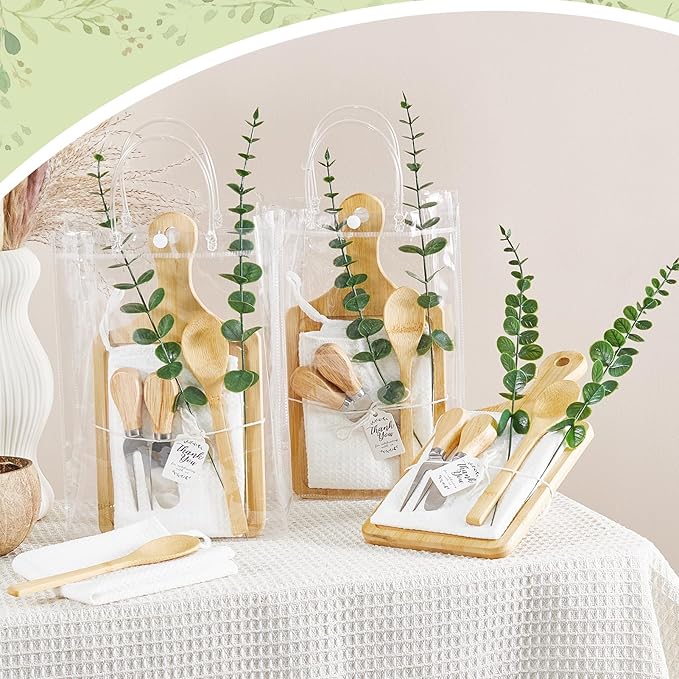 55Pcs Baby Shower Prizes for Game Winners 6 Sets Bamboo Cheese Board Spoon Fork Butter Spreaders Plaid Towel Thank You Card and Gift Bags for Baby Shower Wedding Bridal Shower Favors