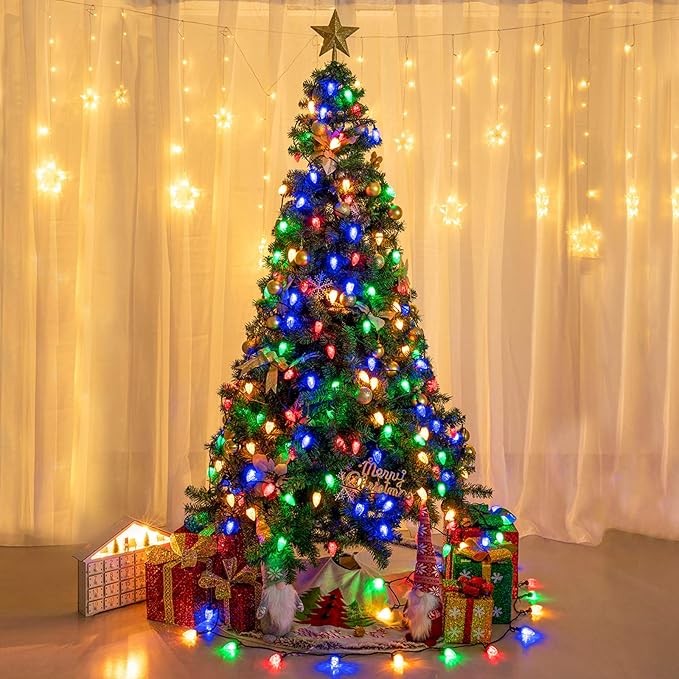 AWQ 100LED 81 FT C9 Christmas String Lights Plug in Fairy Twinkle String Lights 8 Modes Timer Function Waterproof Extendable for Indoor Outdoor Wedding Party Christmas Decoration (100, Multicolor)