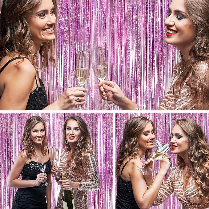 Pink Backdrops Curtains Party Decorations, Tinsel Streamers Birthday Decoration for Sweet 16 Women, Photo Booth Props for Wedding, Princess, 2Pack 3.28X6.56Ft