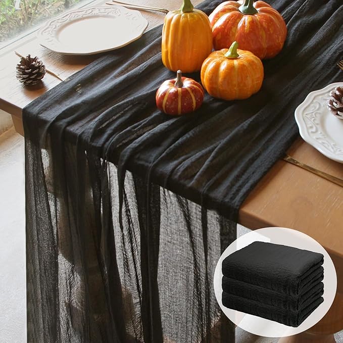 FEXIA 3 Pack Black Cheesecloth Table Runner 30x118 Inches Rustic Boho Gauze for Wedding Baby Shower Bridal Shower First Communion and Home Decorations