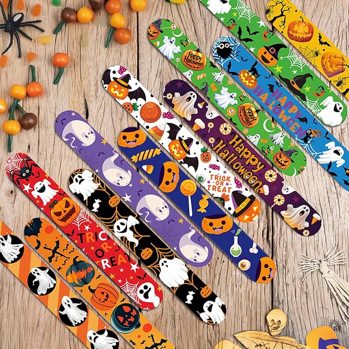48 Pcs Halloween Slap Bracelets, 12 Styles for Halloween Party Favors, Assorted Bulk Pumpkin Zombie Witches Snap Bracelet Wristbands for Kids Halloween Party Gift Bag Filler Supply