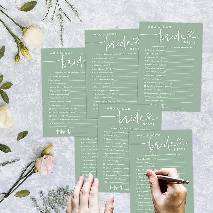 Who Knows The Bridal Best, Sea Green Bridal Shower Games, 30 Elegant Wedding Game for Bachelorette Engagement Party Supplies Favors - A05