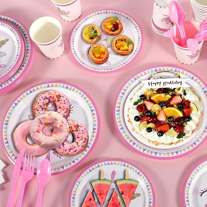 Unicorn Birthday Decorations for Girls, 170 Pcs Unicorn Party Decorations Including Banner, Plates, Cups, Napkins, Cutlery and Tablecloths, Serves 24