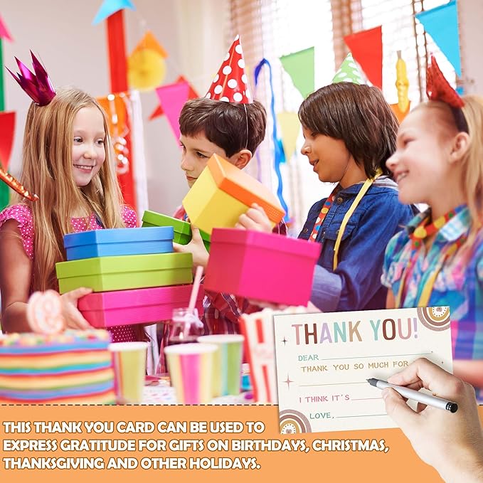 Kids Thank You Cards Fill in the Blank, Boho Rainbow Thank You Notes For Boys Girls, Rainbow Greeting Card, Birthday Party Decorations Favors (20 Cards With 20 Envelopes) -32