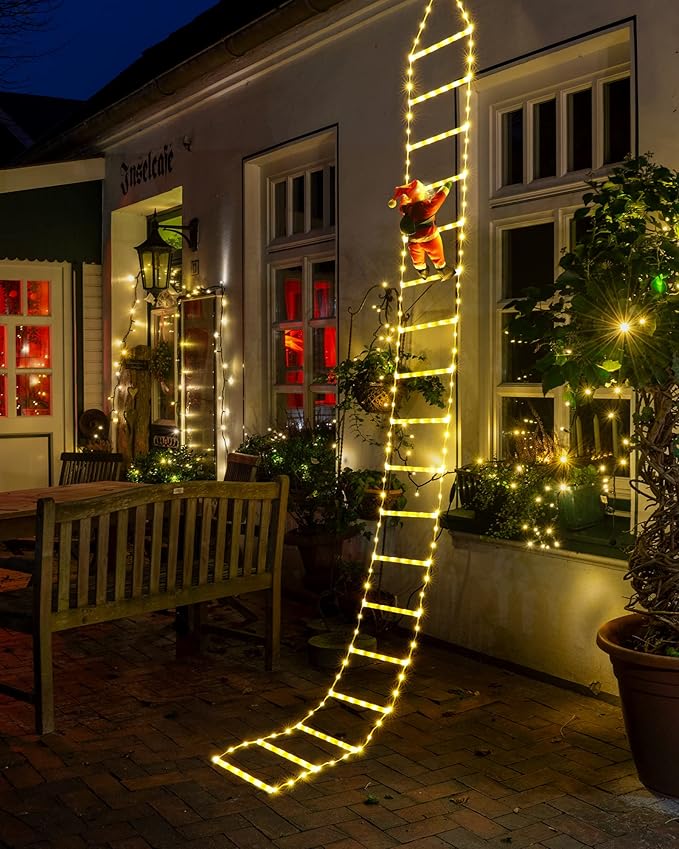 Toodour LED Christmas Lights - 10ft Christmas Decorative Ladder Lights with Santa Claus, Xmas Decorations Light for Indoor Outdoor, Window, Garden, Home, Wall, Xmas Tree Decor - Warm White