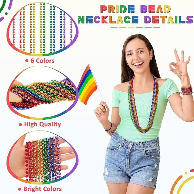 Pride Necklace Accessories , 30PCS Rainbow Beads Necklaces, 6 Kinds Metallic Rainbow Beads Bulk, Round LGBTQ Pride Stuff for Gay Lesbian, Costumes Decor for Parade Throws Party Favors