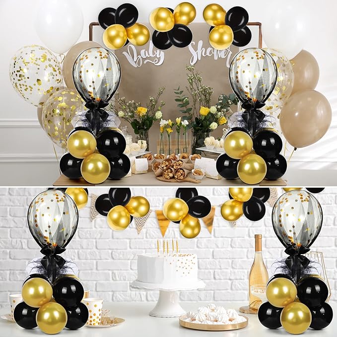 BBTO 8 Set Table Centerpieces Balloons Stand Kit, 80 Pcs Latex Balloons and Table Stand Holder with Base Tulle for Wedding Birthday Baby Shower Party(Black, Gold)