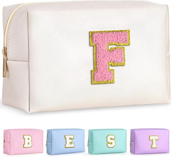 TOPEAST Preppy Makeup Bag, Small Cosmetic Travel Bags for Women, PU Leather Waterproof Toiletry Bag with Zipper, Personalized Birthday Gift for Women Girl, Preppy Gifts for Girl (Pearly White F)