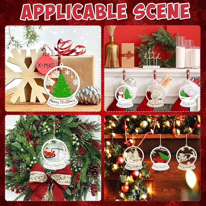 36PCS Wooden Hollow Christmas Ornaments for Paint Christmas Tree Decorations 6 Styles, DIY Blank Unfinished Wood Reindeer Santa Claus Snowman Snowflake Angle Cutouts for Crafts Winter Hanging Decora