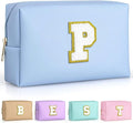 TOPEAST Personalized Makeup Bag, Chenille Letter Pouch Cosmetic Bag w Zipper, PU Leather Waterproof Toiletry Bag, Bridal Shower Gifts for Bridesmaids, Cute Stuff for Girls (Sky Blue P)