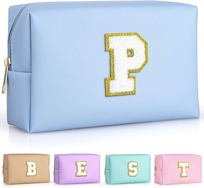TOPEAST Personalized Makeup Bag, Chenille Letter Pouch Cosmetic Bag w Zipper, PU Leather Waterproof Toiletry Bag, Bridal Shower Gifts for Bridesmaids, Cute Stuff for Girls (Sky Blue P)