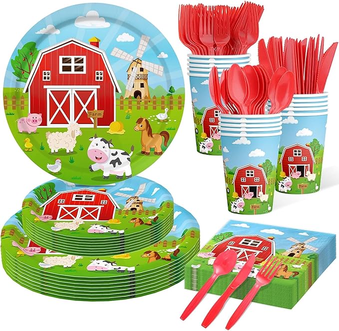 150 Pcs Farm Animal Birthday Party Decorations Farm Plates Tableware Barnyard Farm Birthday Party Supplies Serves 25 Farm Themed Cups, Farm Animal Napkins Red Knife/Fork/Spoon