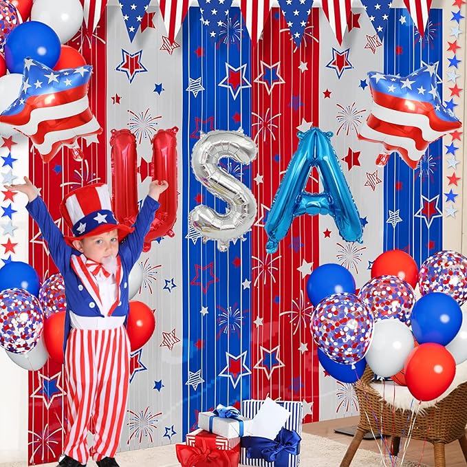 Red White and Blue Balloons Party Decorations with Patriotic Theme Foil Fringe Curtain for Graduation Party Supplies Nautical Veterans Memorial Day 4th of July Balloon Arch Decorations