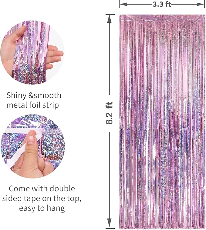 2 Pack Laser Pink Foil Fringe Curtains Streamers Party Decorations 3.3 x 8.2 ft, Tinsel Curtain Fringe Backdrop for Parties, Door Fringe Birthday Streamers, Barbie Backdrop Birthday Party Decorations