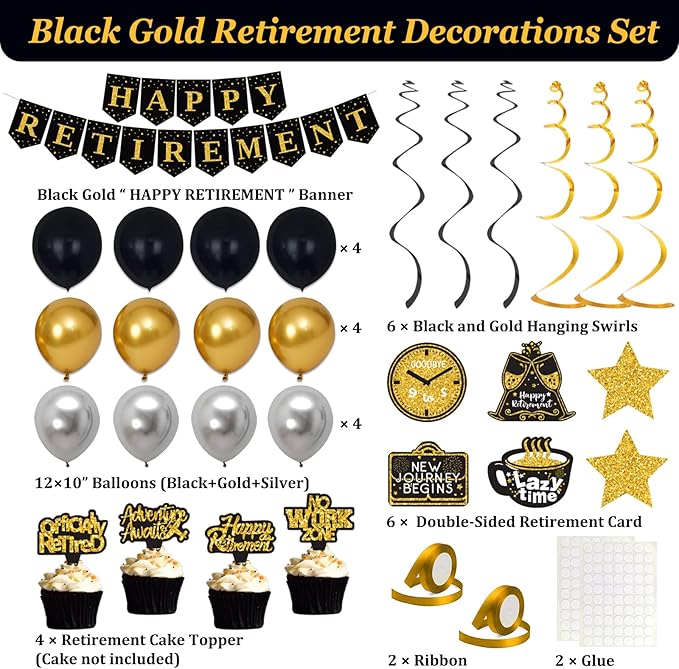 Retirement Party Decorations Men Women, Black Gold Happy Retirement Decorations, Happy RetIrement Banner, Retired Backdrop, Balloons, Pompoms, Hanging Swirls, Retired Cards, Cake Toppers Set 54pcs