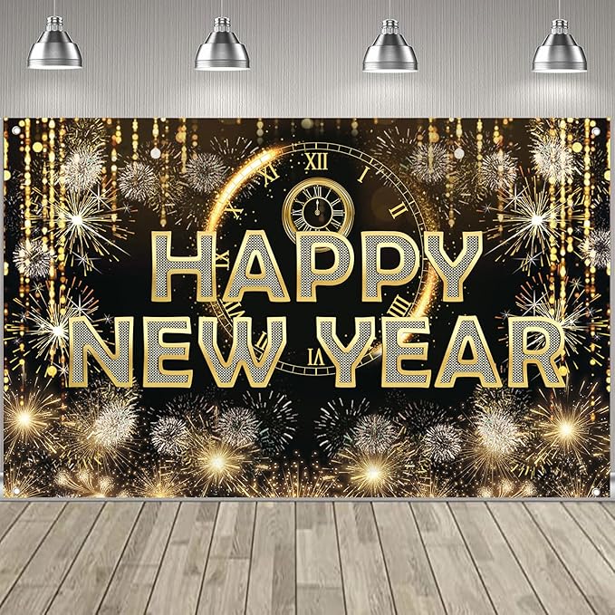 HAPPY NEW YEAR Hanging Extra Large Fabric Sign Poster Black Background Banner with Firework Pattern for New year Party Decorations