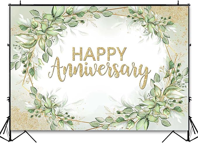Avezano Happy Anniversary Backdrop - Sage Green Leaves Banner - Cheers to Marriage Wedding Party Decorations - Memorial Portrait Photo Booth Background (10x7ft)