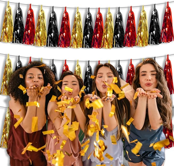 3P Metallic Fringe Banner Garland Foil Tinsel Streamer Wall Hanging Curtain Backdrop Banners for Parade Floats Graduation Decorations, Baby Bridal Shower Party Decoration(Red-Black Gold)