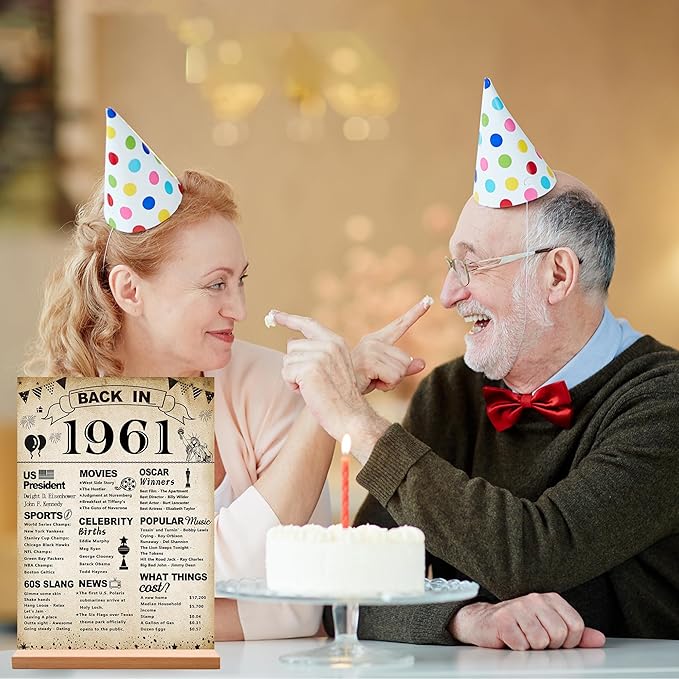 DARUNAXY 65th Birthday Party Decorations, Vintage Back in 1961 Poster Acrylic Sign with Stand 65 Year Old Party Supplies for Men& Women Vintage 1961 Table Decor 65th Anniversary Class Reunion Gifts